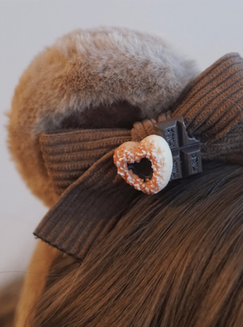 Heart Shaped Snack Chocolate Decorate Brown Corduroy Bow Plush Bear Ears Sweet Lolita Headband