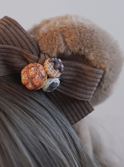 Heart Shaped Snack Chocolate Decorate Brown Corduroy Bow Plush Bear Ears Sweet Lolita Headband