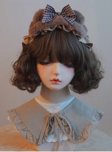 Autumn Winter Plaid Bow-Knot Satin Ribbon Ruffle Plush Brown Small Bear Ears Sweet Lolita Headband