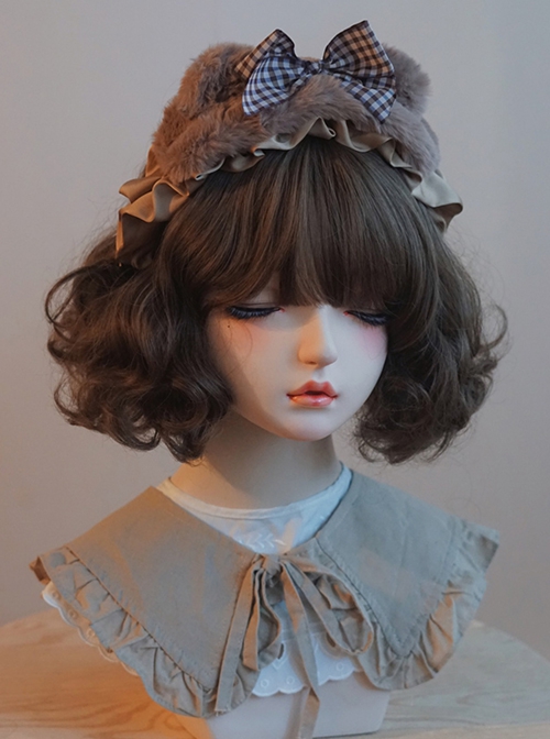 Autumn Winter Plaid Bow-Knot Satin Ribbon Ruffle Plush Brown Small Bear Ears Sweet Lolita Headband