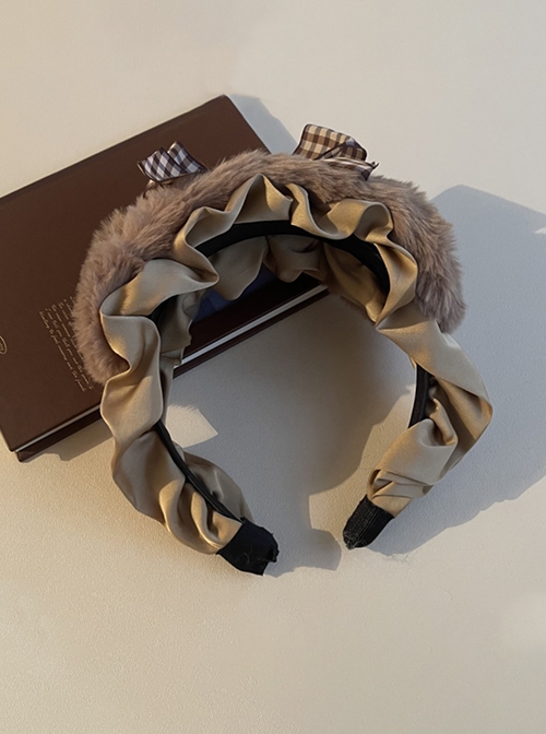 Autumn Winter Plaid Bow-Knot Satin Ribbon Ruffle Plush Brown Small Bear Ears Sweet Lolita Headband