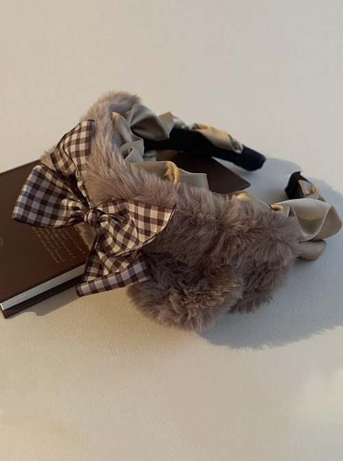 Autumn Winter Plaid Bow-Knot Satin Ribbon Ruffle Plush Brown Small Bear Ears Sweet Lolita Headband