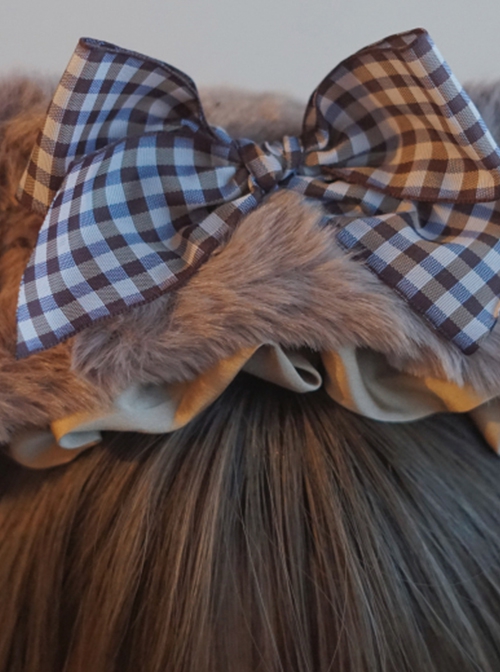 Autumn Winter Plaid Bow-Knot Satin Ribbon Ruffle Plush Brown Small Bear Ears Sweet Lolita Headband