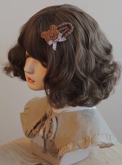 Plush Little Bear Plaid Bowknot Handmade Yarn Autumn Winter Sweet Lolita Hair Clip