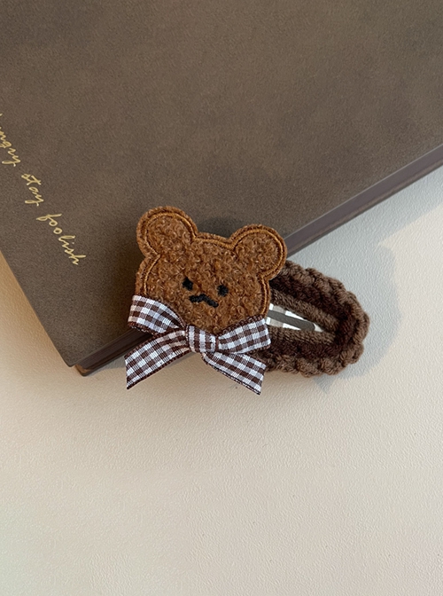 Plush Little Bear Plaid Bowknot Handmade Yarn Autumn Winter Sweet Lolita Hair Clip