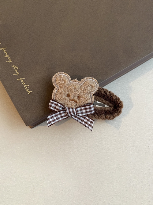 Plush Little Bear Plaid Bowknot Handmade Yarn Autumn Winter Sweet Lolita Hair Clip