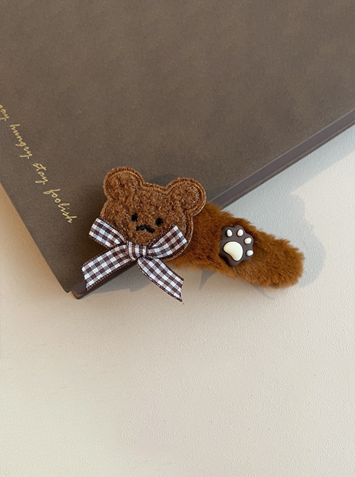 Plaid Bow-Knot Embroidered Little Bear Cute Bear Claw Sweet Lolita Hair Clip