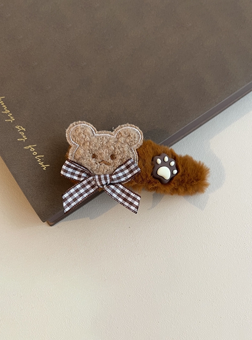 Plaid Bow-Knot Embroidered Little Bear Cute Bear Claw Sweet Lolita Hair Clip