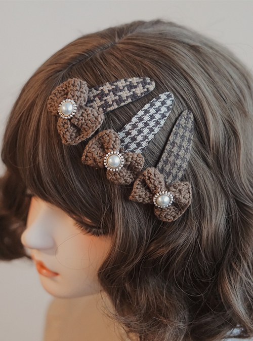 Pure Color Houndstooth Yarn Knitting Bow-Knot Autumn Winter Japanese Sweet Lolita Hair Clip