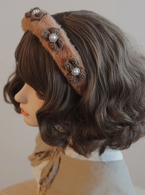 Handmade Plush Brown Yarn Bow-Knot Autumn Winter Sweet Lolita Headband