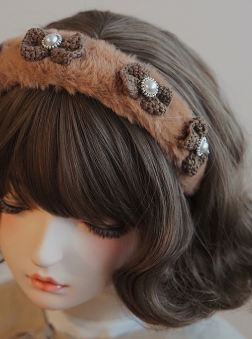 Handmade Plush Brown Yarn Bow-Knot Autumn Winter Sweet Lolita Headband