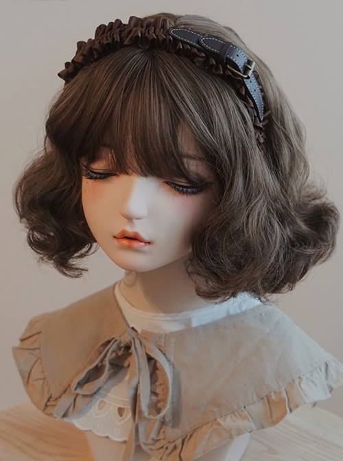 Simple Ruffled PU Leather Buckle Autumn Winter Brown Sweet Lolita Headband