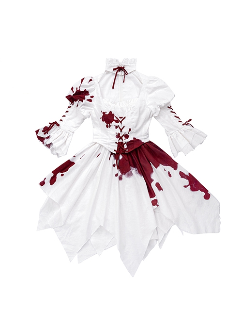 Romeo Series Lacing Stand Collar Chest Hollow Irregular Hem Bloody Gothic Lolita Mid-Sleeved Dress