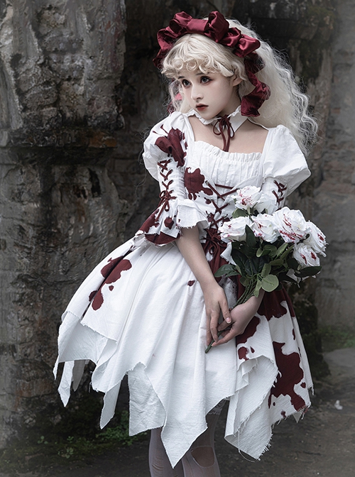Romeo Series Lacing Stand Collar Chest Hollow Irregular Hem Bloody Gothic Lolita Mid-Sleeved Dress