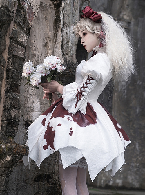 Romeo Series Lacing Stand Collar Chest Hollow Irregular Hem Bloody Gothic Lolita Mid-Sleeved Dress