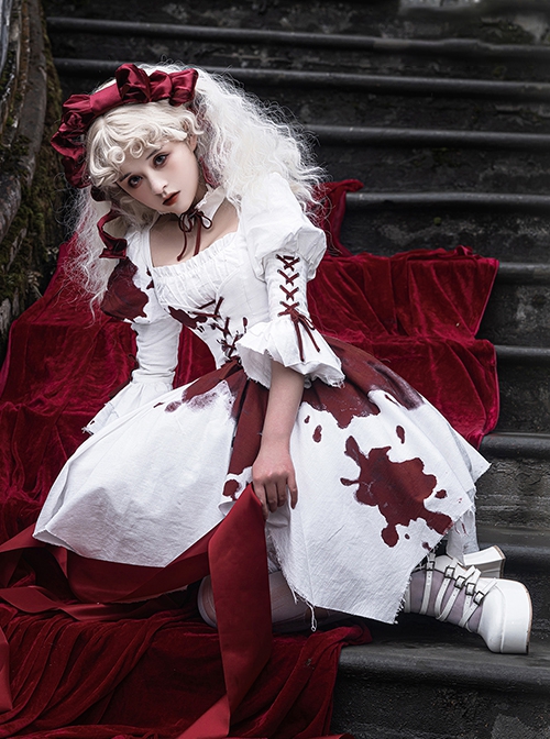 Romeo Series Lacing Stand Collar Chest Hollow Irregular Hem Bloody Gothic Lolita Mid-Sleeved Dress