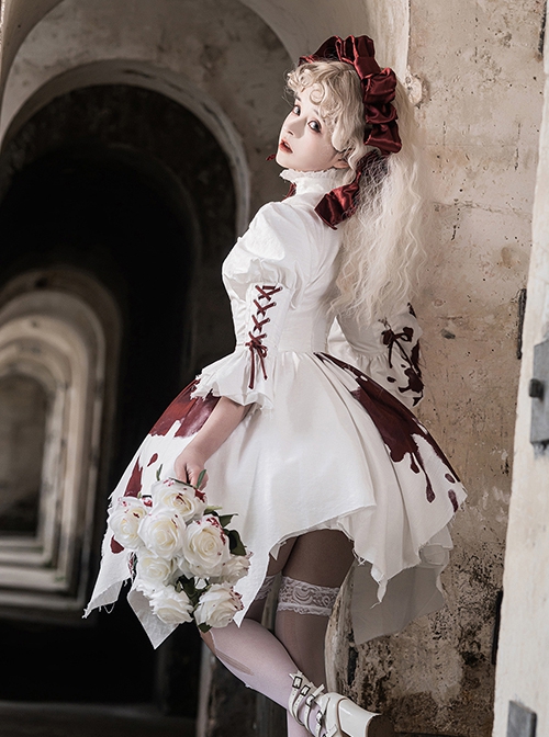 Romeo Series Lacing Stand Collar Chest Hollow Irregular Hem Bloody Gothic Lolita Mid-Sleeved Dress