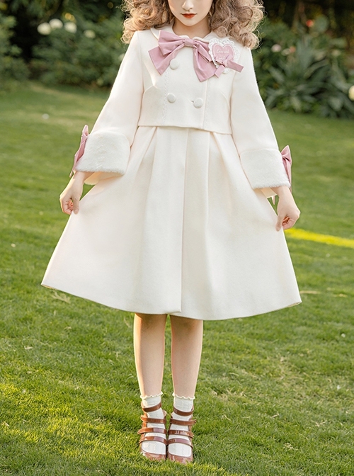 White Retro Elegant Eldest Miss Detachable Fur Collar Bow Fake Two Piece Classic Lolita Coat