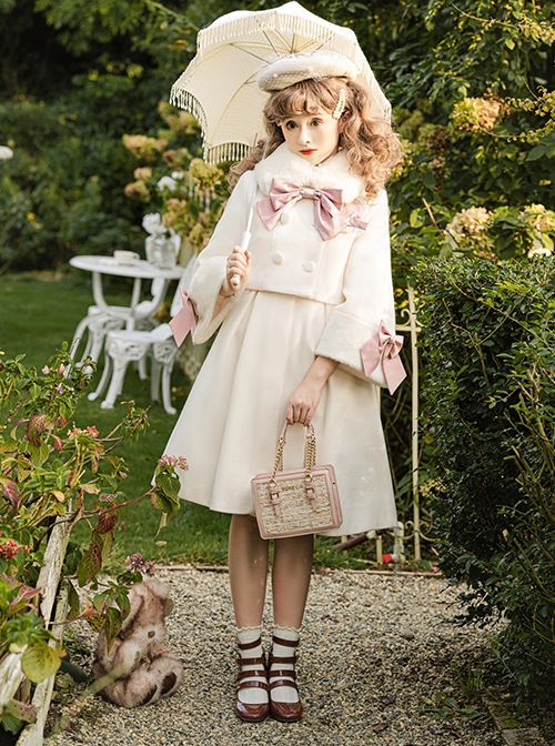 White Retro Elegant Eldest Miss Detachable Fur Collar Bow Fake Two Piece Classic Lolita Coat