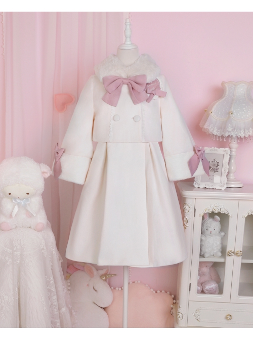 White Retro Elegant Eldest Miss Detachable Fur Collar Bow Fake Two Piece Classic Lolita Coat