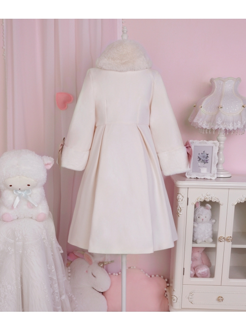 White Retro Elegant Eldest Miss Detachable Fur Collar Bow Fake Two Piece Classic Lolita Coat