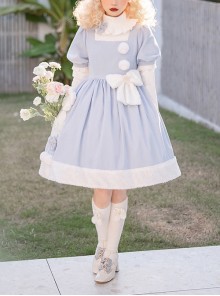 Solid Color Cute Daily Warm Plush Bow-Knot Long Sleeve Blouses Classic Lolita Short Sleeve Dress Set