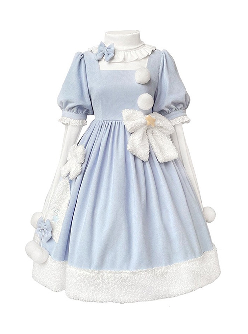 Solid Color Cute Daily Warm Plush Bow-Knot Long Sleeve Blouses Classic Lolita Short Sleeve Dress Set