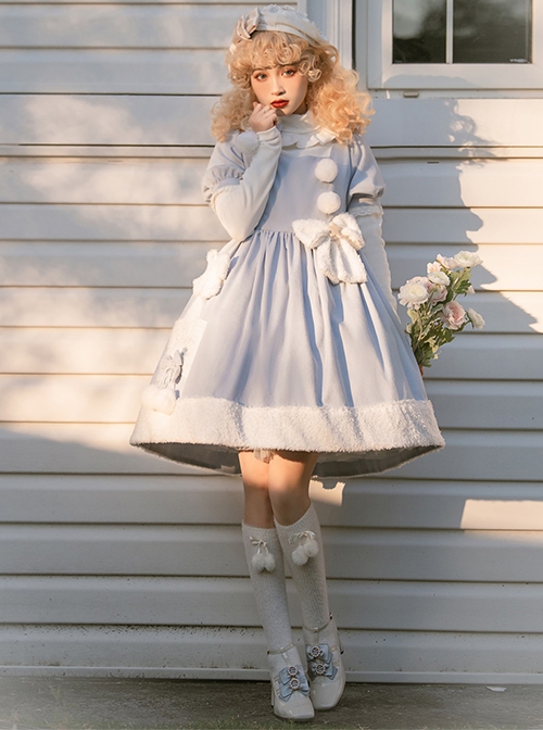 Solid Color Cute Daily Warm Plush Bow-Knot Long Sleeve Blouses Classic Lolita Short Sleeve Dress Set