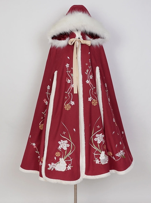Snow Rabbit Series Chinese Style Improved Hanfu Winter Warm Embroidered  Lacing Hooded Cloak Classic Lolita Cloak