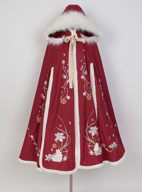 Snow Rabbit Series Chinese Style Improved Hanfu Winter Warm Embroidered Lacing Hooded Cloak Classic Lolita Cloak