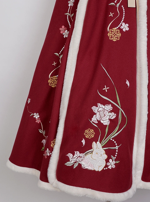 Snow Rabbit Series Chinese Style Improved Hanfu Winter Warm Embroidered Lacing Hooded Cloak Classic Lolita Cloak