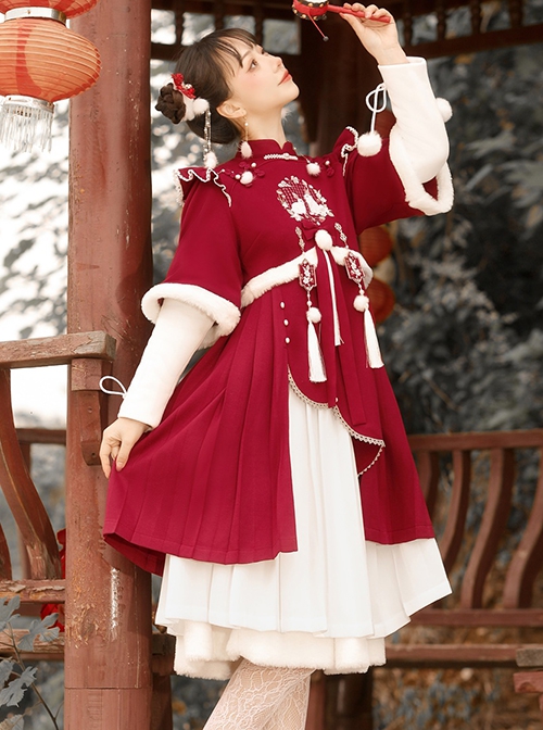 Winter Strawberry Rabbit Series Chinese Style Improved Embroidery Tassel Autumn Winter White Skirt Classic Lolita Long-Sleeved Dress Set