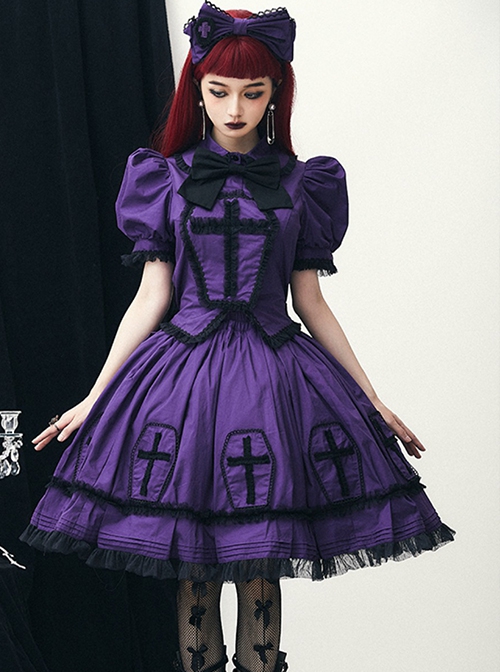 Halloween Limited Series Bowknot Lace Crucifix Puff Sleeve Gothic Lolita Short-Sleeved Blouses Half Skirt Suit