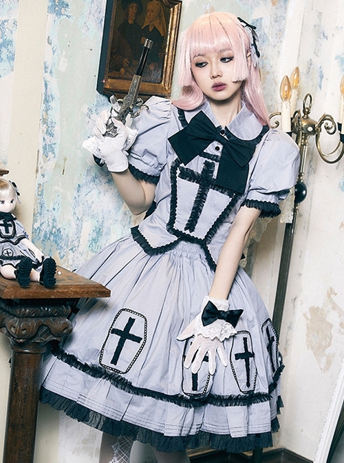 Halloween Limited Series Bowknot Lace Crucifix Puff Sleeve Gothic Lolita Short-Sleeved Blouses Half Skirt Suit