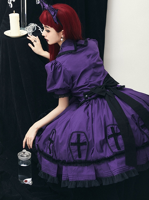 Halloween Limited Series Bowknot Lace Crucifix Puff Sleeve Gothic Lolita Short-Sleeved Blouses Half Skirt Suit