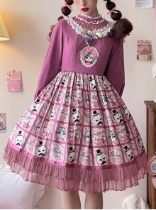 Solid Color Stand Collar Translucent Hollow Out Detachable Cloak Cat Print Classic Lolita Long Sleeve Dress