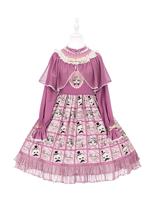 Solid Color Stand Collar Translucent Hollow Out Detachable Cloak Cat Print Classic Lolita Long Sleeve Dress