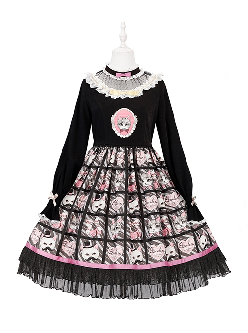 Solid Color Stand Collar Translucent Hollow Out Detachable Cloak Cat Print Classic Lolita Long Sleeve Dress