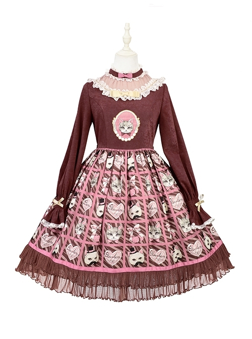 Solid Color Stand Collar Translucent Hollow Out Detachable Cloak Cat Print Classic Lolita Long Sleeve Dress