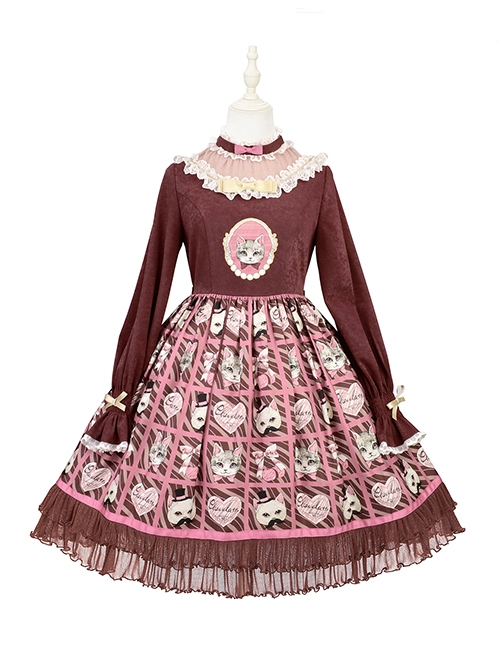 Solid Color Stand Collar Translucent Hollow Out Detachable Cloak Cat Print Classic Lolita Long Sleeve Dress