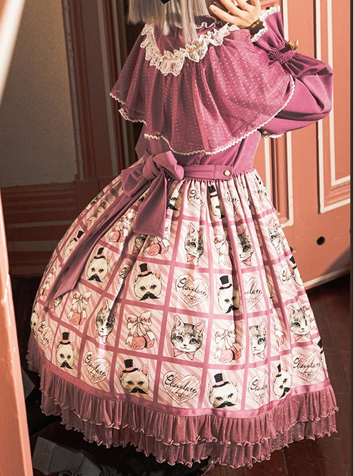 Solid Color Stand Collar Translucent Hollow Out Detachable Cloak Cat Print Classic Lolita Long Sleeve Dress