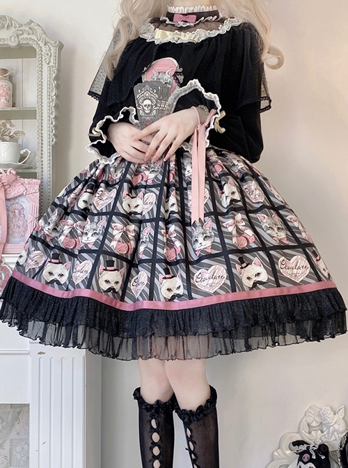 Solid Color Stand Collar Translucent Hollow Out Detachable Cloak Cat Print Classic Lolita Long Sleeve Dress