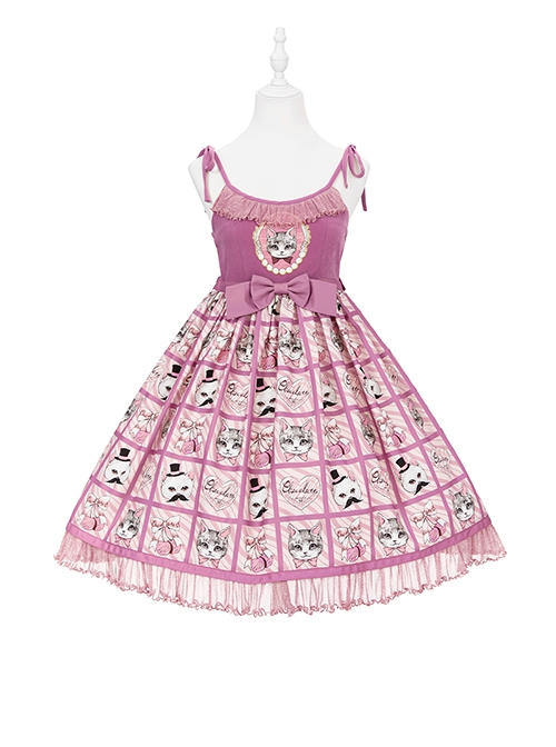 Striped Cat Lattice Print Bow Belt Classic Lolita Sleeveless Dress