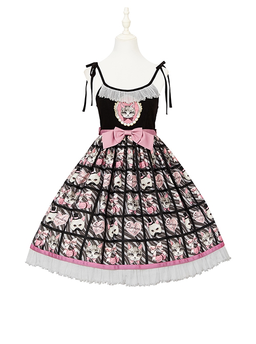 Striped Cat Lattice Print Bow Belt Classic Lolita Sleeveless Dress