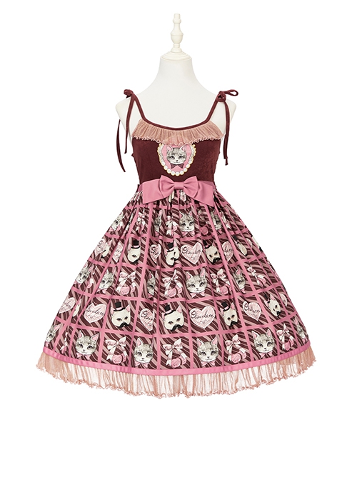 Striped Cat Lattice Print Bow Belt Classic Lolita Sleeveless Dress