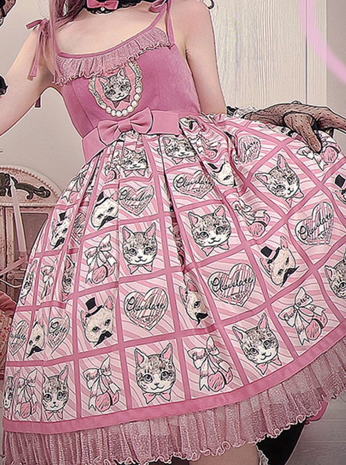 Striped Cat Lattice Print Bow Belt Classic Lolita Sleeveless Dress