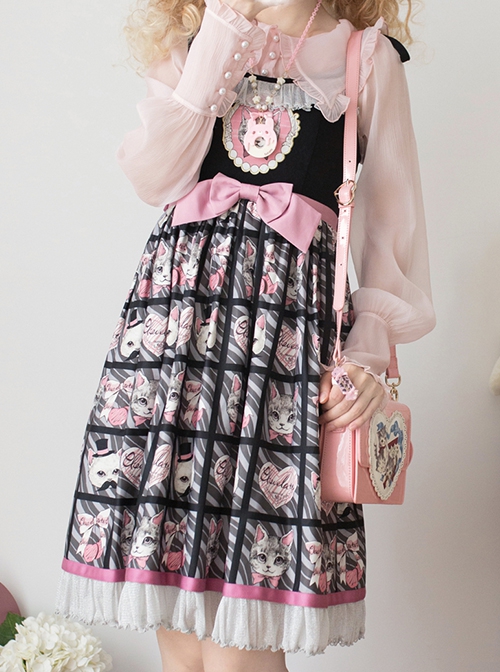 Striped Cat Lattice Print Bow Belt Classic Lolita Sleeveless Dress