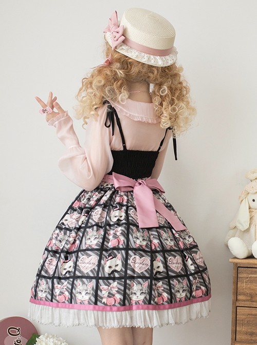 Striped Cat Lattice Print Bow Belt Classic Lolita Sleeveless Dress