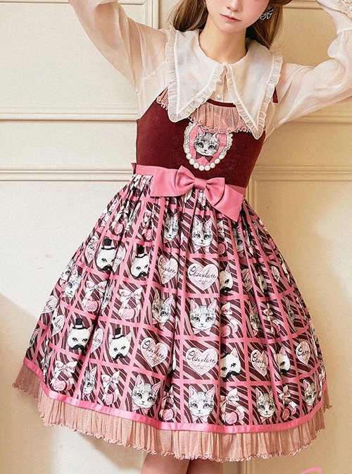 Striped Cat Lattice Print Bow Belt Classic Lolita Sleeveless Dress