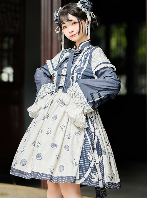 Chinese Style Ruffles Small Trumpet Sleeves Long-Sleeved Short Coat Panda Sandwich Biscuit Print Classic Lolita Sleeveless Dress Set